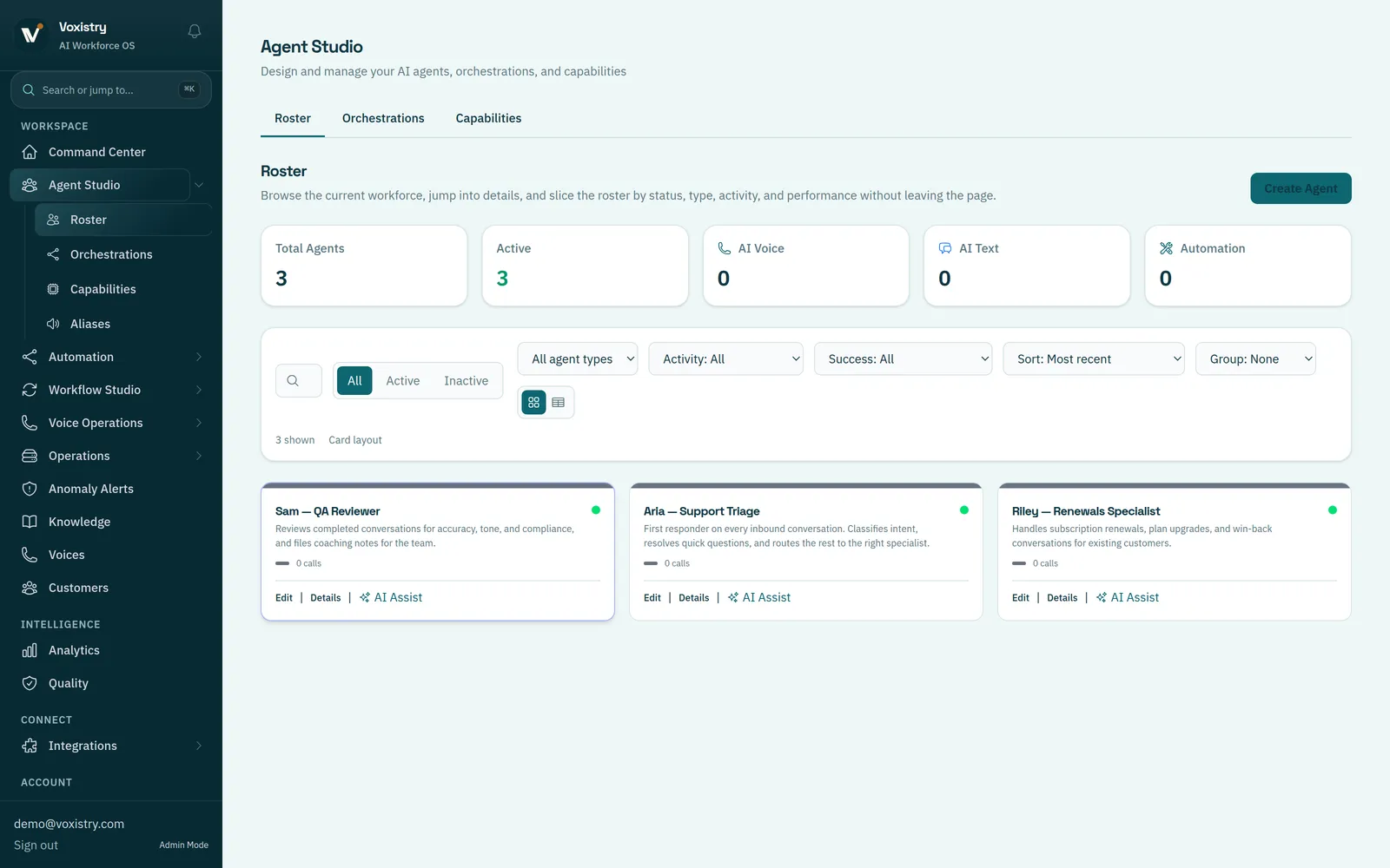 Design specialist workers with clear guardrails: Operate a roster of named specialists, each with a role, job description, and live status, then drill into editing, detail, or an AI-assisted test from the same screen.