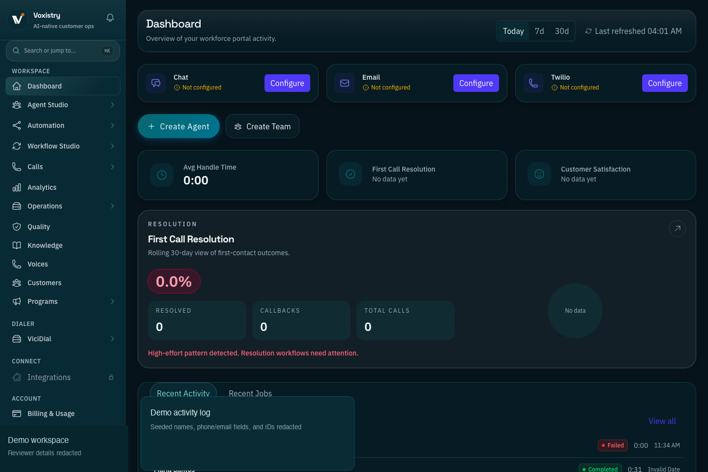 Reviewed Voxistry Command Center capture showing workspace telemetry, channel setup, quality signals, and operator review controls