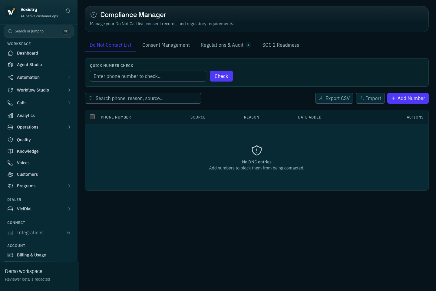 Reviewed Voxistry Compliance Manager capture showing DNC list, consent management, regulations, audit, and SOC 2 readiness tabs