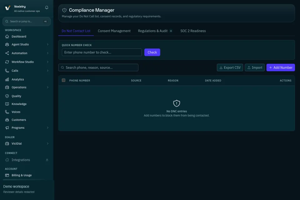 Make compliance controls visible before rollout: Bring DNC lists, consent management, regulations, audit mode, and readiness lanes into a single product-led proof story.