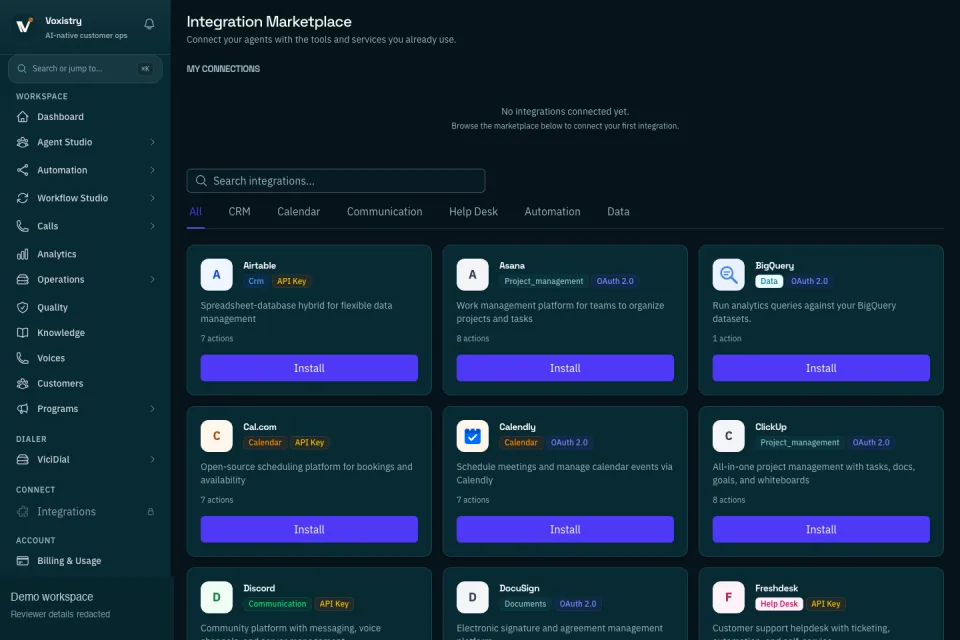 Show the business-system layer, not just connector logos: Expose CRM, helpdesk, calendar, telephony, and automation connectors as part of an operating model buyers can evaluate.