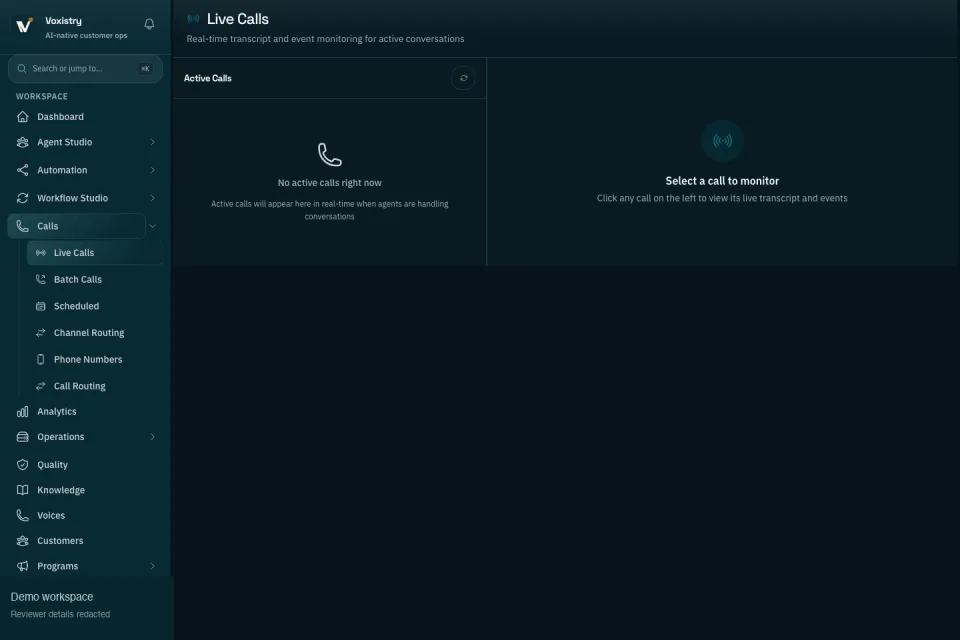Supervise live conversations before they become risk: See active call runs, live transcript supervision, and monitoring-ready conversations from the same operational layer managers use every day.