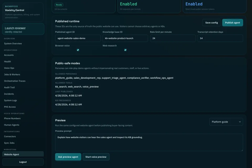 Operate the public sales agent from the backoffice: Deploy the website agent, attach product knowledge, select public-safe personas, toggle web search, and trigger browser voice previews from a dedicated platform control surface.