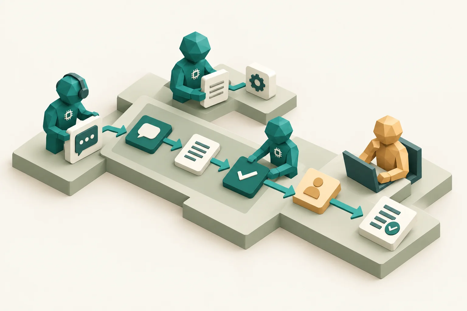 Three teal AI specialists coordinate a shared workflow using conversation, knowledge and tool tiles, with a review step for an amber human partner.