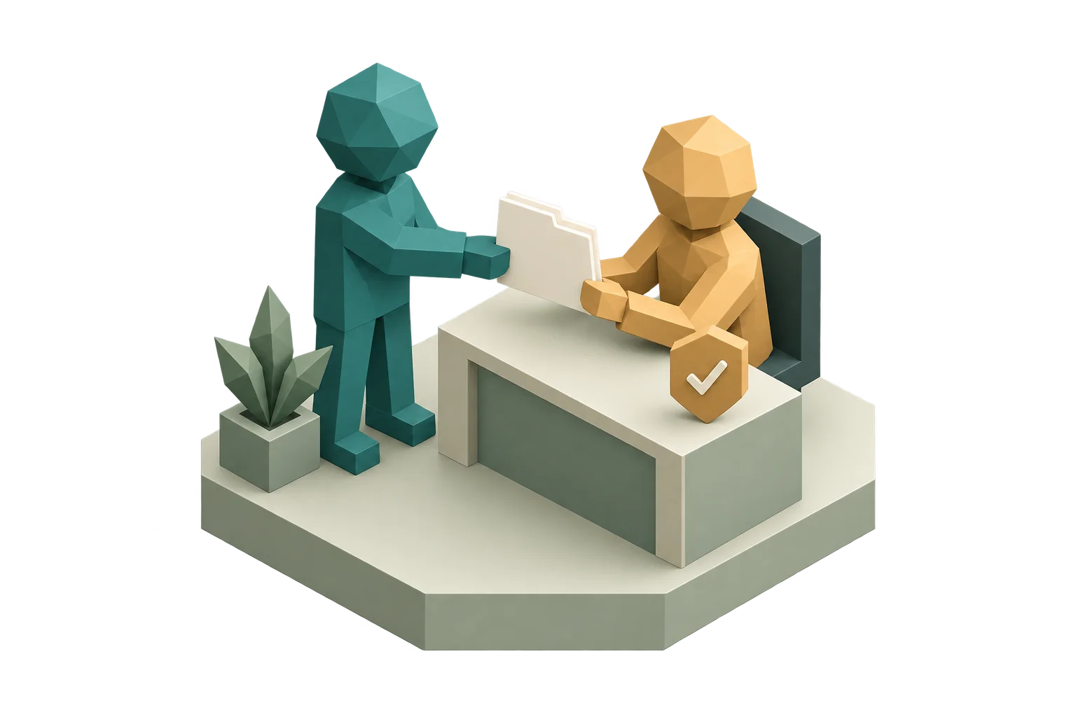 A teal AI agent hands a prepared request to an amber human reviewer at an approval desk.