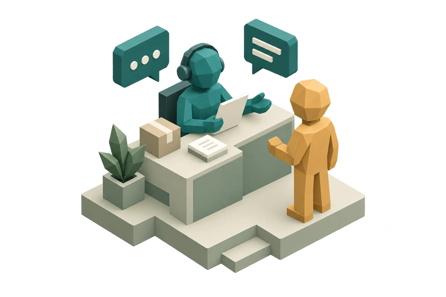 Low-poly AI service agent checks an order record while helping a customer at a support desk.